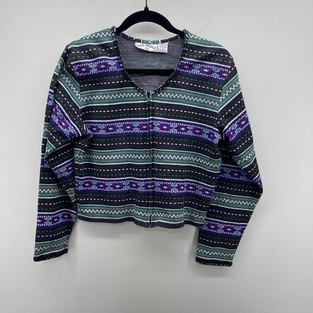 VTG Side Saddle Western Crop Jacket Wms Large Purple Green Print 90s‎ Cowgirl